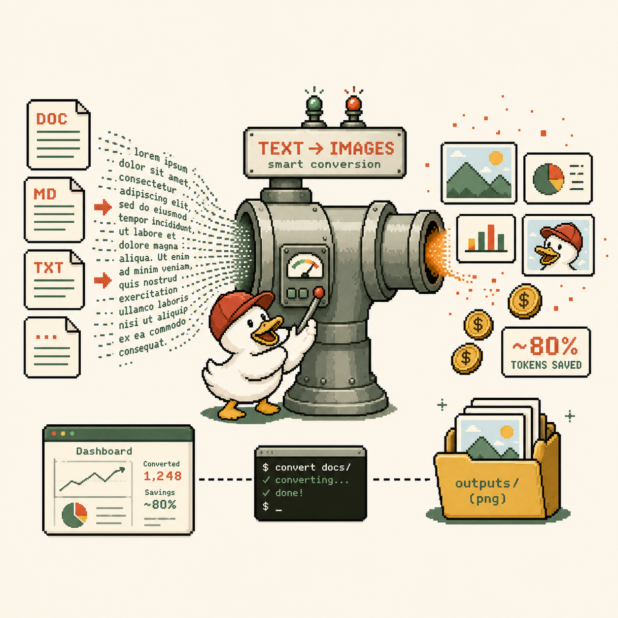 Duck mascot converting text documents into image artifacts and token savings